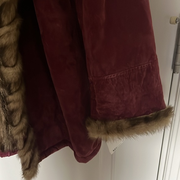 Vintage Dennis Basso Berry Burgundy Suede Coat Brown Faux Fur Medium - Picture 7 of 10
